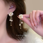 法式 高级感珍珠花朵闪钻流苏耳环小众气质名媛网红夸张女人味耳饰