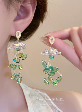绿色水滴流苏花朵耳环仙气森系超仙高级感耳钉小众设计感百搭耳饰