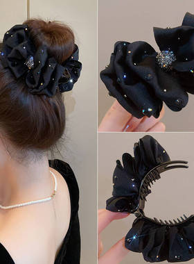 黑色镶钻蝴蝶结丸子头抓夹女新款固定发夹盘发神器高马尾头饰发饰