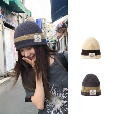 CA4LA拼色针织帽子女土星logo纯棉宽松冷帽大头围秋冬保暖毛线帽