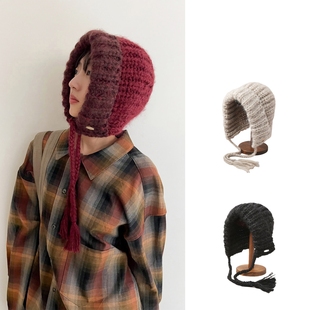 CA4LA针织帽女巴拉克拉法帽大头围秋冬马海毛羊毛保暖防风护耳帽