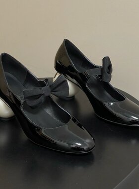 cocy法式蝴蝶结玛丽珍鞋女黑色漆皮粗跟一字扣2026新款复古单鞋