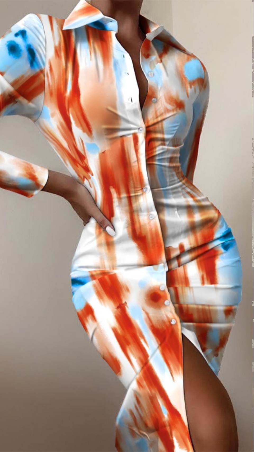 eBay速卖通时尚热卖欧美街头时尚新款 长袖收腰印花衬衫 衬衣裙女