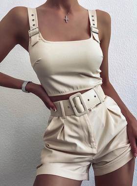 Eyelet Buckled Crop Tank Top & Shorts Set可调节肩带无袖