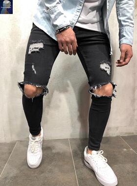 欧美爆款高街百搭痞帅牛仔裤男士破洞潮流修身乞丐长裤MenS pAnTS