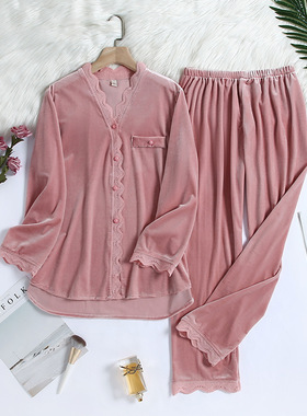 Long Sleeve Shirts+Pants Pijama Nightwear Velour Home Suit