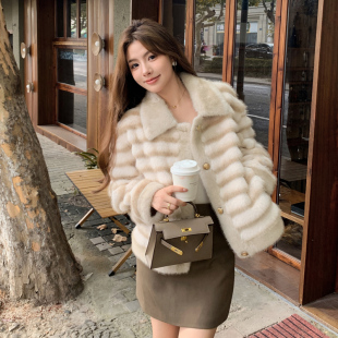 仿水貂绒2025年新款 时尚 皮毛一体皮草加厚短款 条纹毛毛外套女冬季