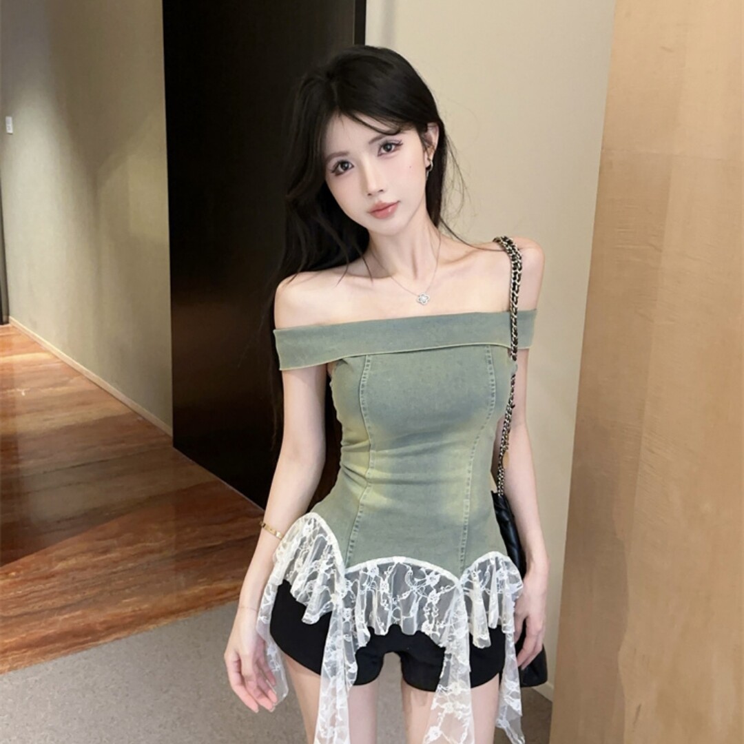 实拍 辣妹性感一字肩复古做旧不规则蕾丝拼接牛仔抹胸上衣