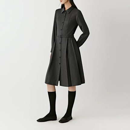 专柜正品ICICLE之禾女装2025冬新款翻领羊毛混纺弹力斜纹绒连衣裙