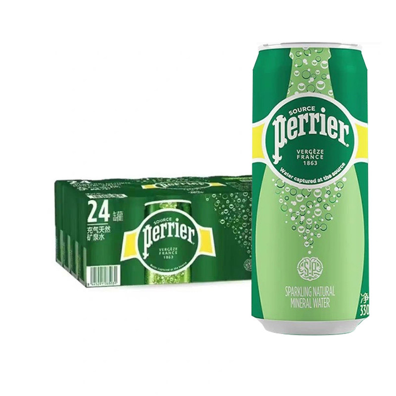 巴黎水perrier法国原装进口充气天然矿泉水罐装原味330ml*24瓶