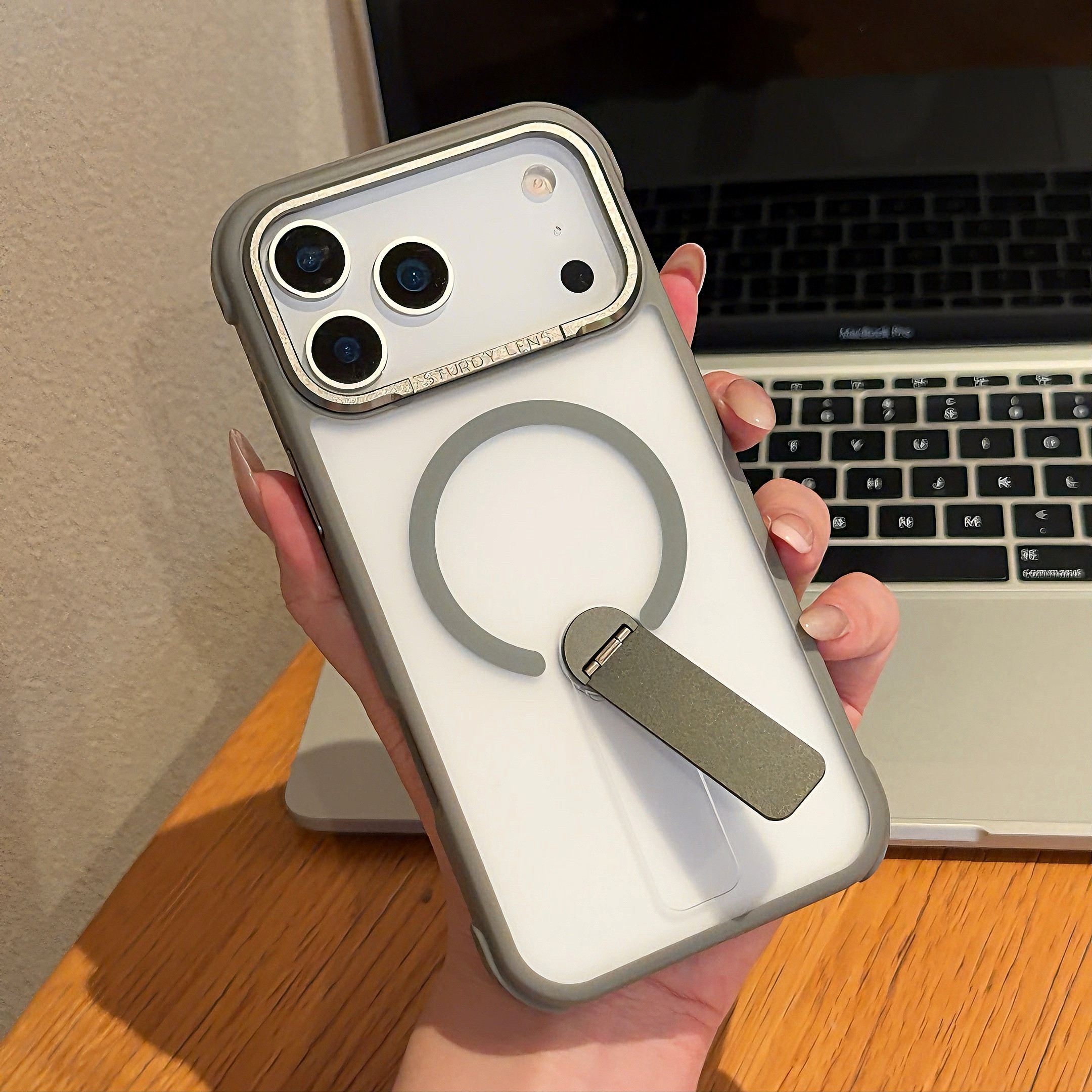恩王 简约灰色站立支架苹果17promax手机壳适用于iPhone16pro磁吸充电15max折叠磨砂13/14高级感十七保护套