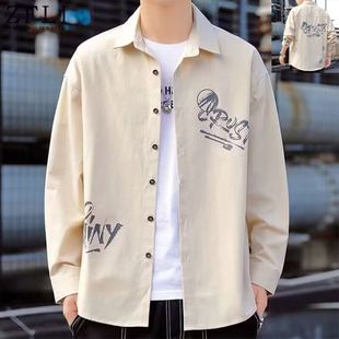 2026春季新款男士休闲长袖衬衫青年潮流宽松印花工装衬衣薄款外套