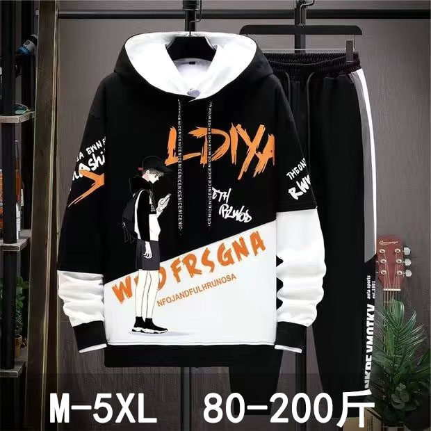 连帽卫衣套装男春季新款潮流拼色一套宽松大码涂鸦印花青少年上衣