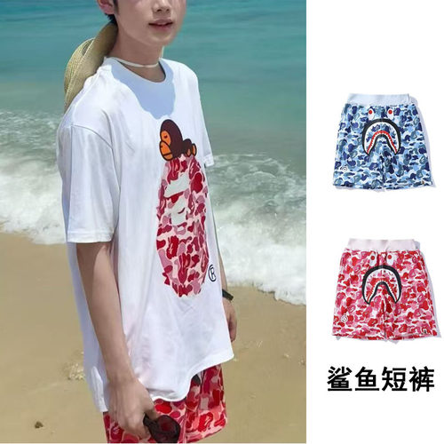 ins潮新款鲨鱼迷彩短裤夏季潮流宽松印花街头青少年运动男女薄款