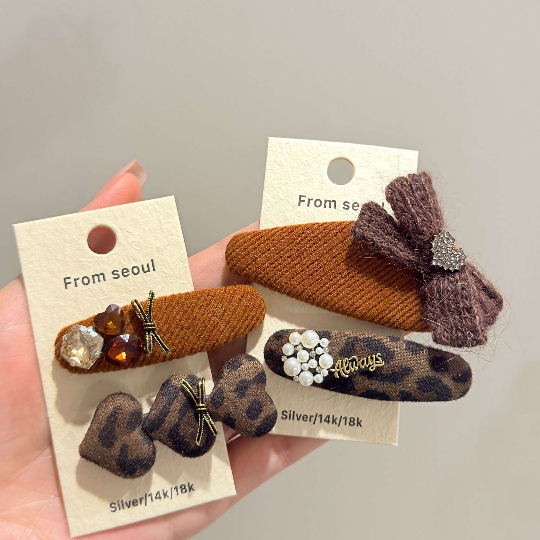 韩国精致复古豹纹闪钻珍珠蝴蝶结发夹时尚气质老钱刘海碎发BB夹子