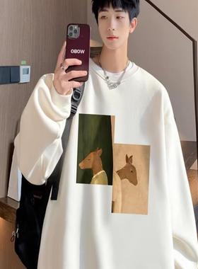 美式复古无帽卫衣男春秋季oersize潮牌嘻哈印花圆领上衣情侣外套