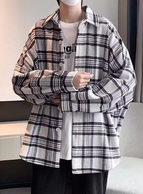 春秋季格子长袖衬衫男港风宽松oersize衬衣韩版潮流日系复古外套