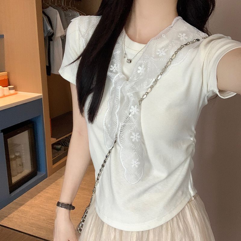 蕾丝披肩圆领短袖t恤女2025夏季新款设计感褶皱收腰显瘦短款上衣