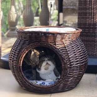 猫窝藤编四季通用夏天凉窝封闭式猫屋舍猫房子别墅小型犬窝易清理