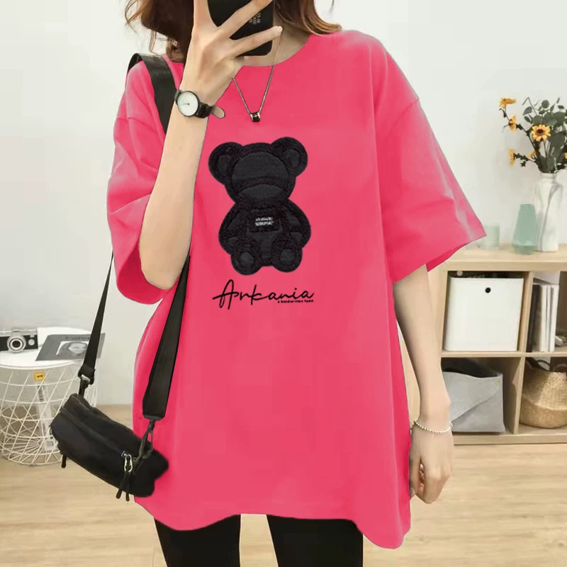Тайдe, летняя длинная футболка, свободный крой, с маленькими мишками, середина длины