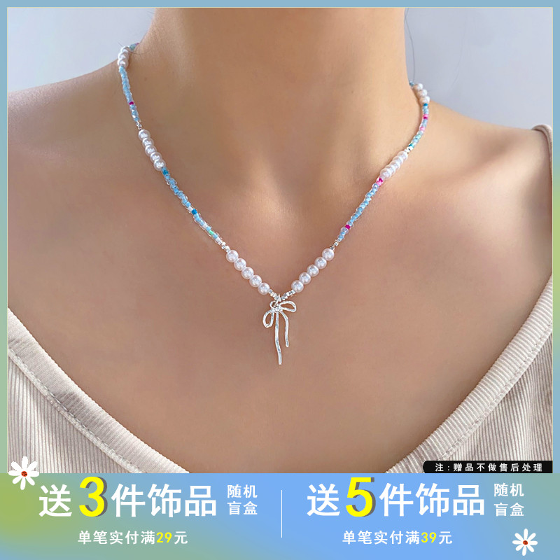 觅韩气质ins风高级感蝴蝶结项链个性时尚珍珠颈链小众锁骨链7700
