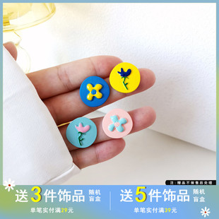 S925银针ins风趣味小清新花朵耳钉2021年新潮连耳环不对称耳夹115