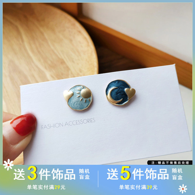 S925银针复古太阳月亮耳钉女气质不对称耳环几何圆爱心形耳饰2879