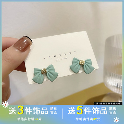 夏季小清新绿色蝴蝶结耳钉ins风
