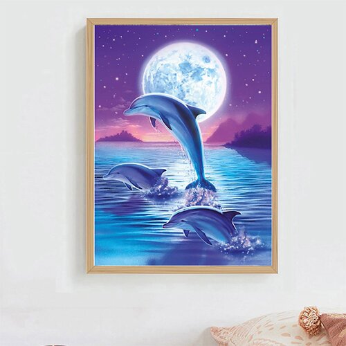 家居装饰diy钻石画月亮海豚装饰画满钻贴画挂墙画手绘水晶