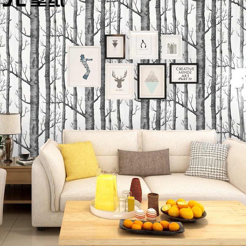 简约3Dwallpaper白桦树墙纸黑白树林无纺布仿木纹电视电视墙壁纸