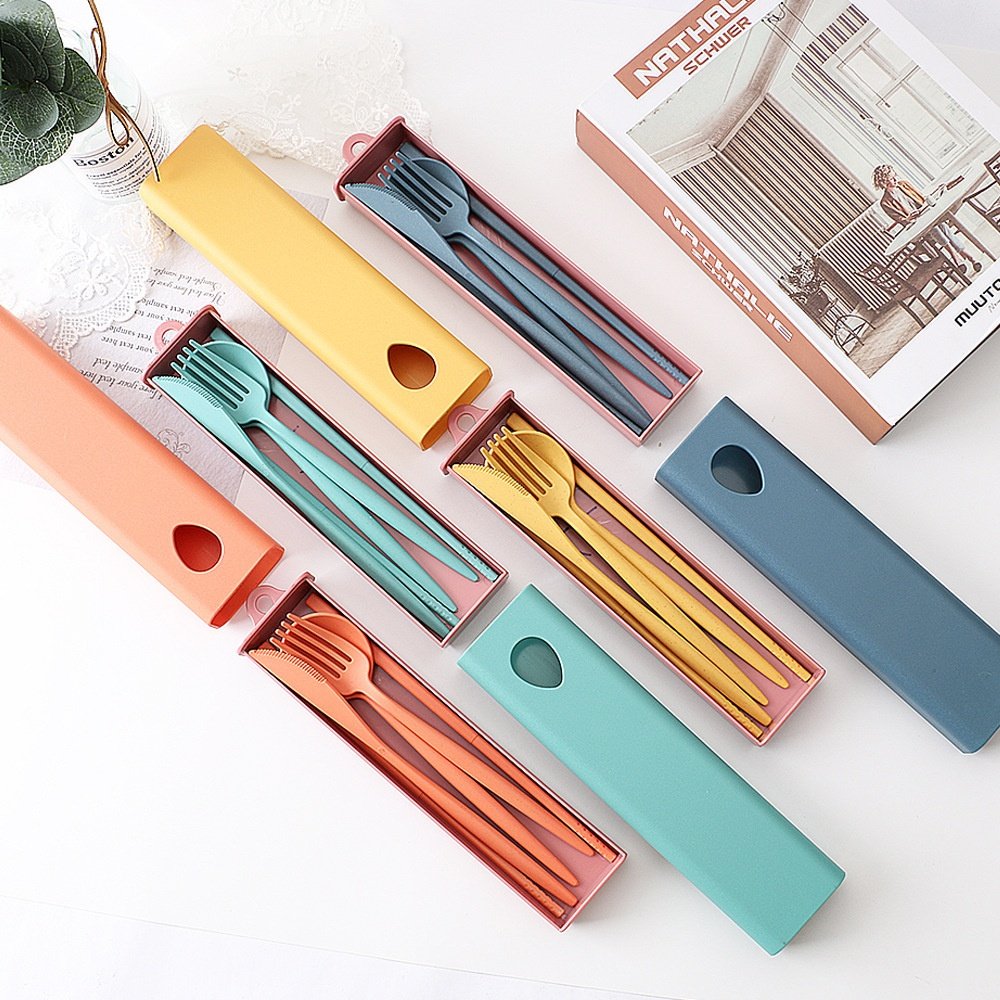 跨境创意小麦秸秆餐具刀叉勺四件套学生便捷按压抽拉盒餐具套装