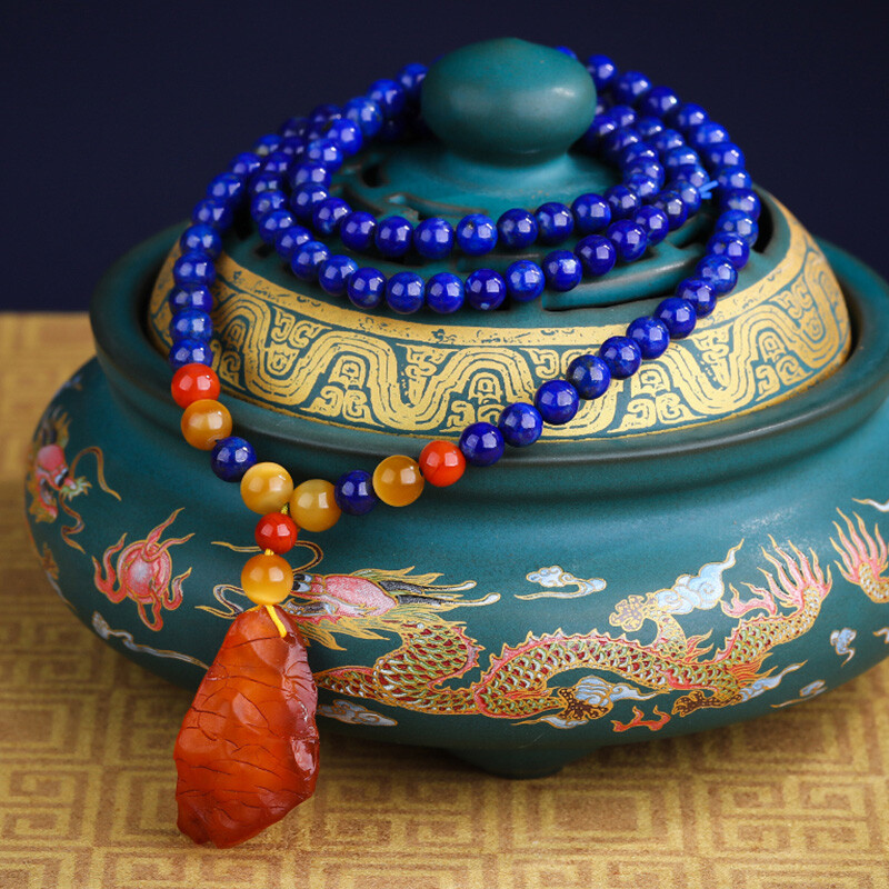 豆蔻时光青金石手串虎眼石南红玛瑙随形老蜜蜡手链项链吊坠 5mm