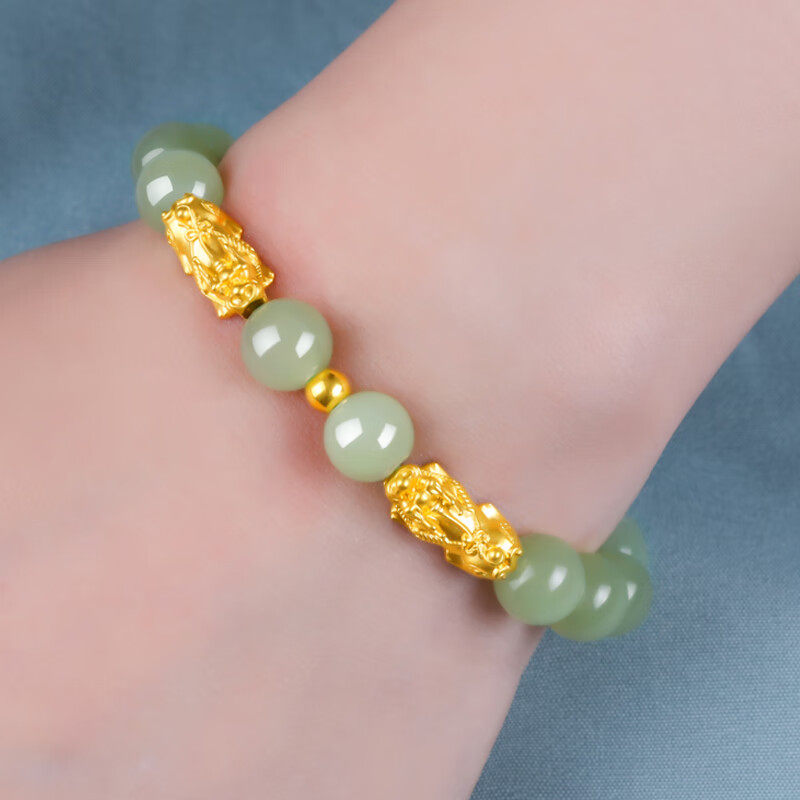 豆蔻时光和田玉晴水5d硬金黄金999足金双貔貅转运珠金镶玉石手链