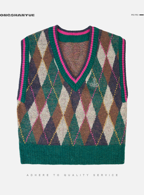 Rongshanyue复古针织衫女2025秋冬新款拼接菱格毛衣马甲A1657