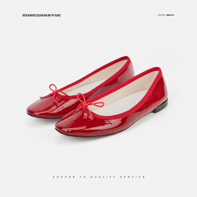 Rongshanyue法式蝴蝶结小红鞋女漆皮平底浅口单鞋芭蕾舞鞋B1619