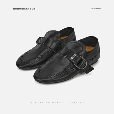 Rongshanyue松弛感水洗牛皮一脚蹬乐福鞋女老钱风平底小皮鞋B1525