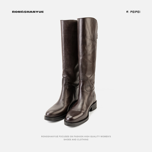 复古不过膝牛皮长筒靴女显瘦骑士靴后拉链高筒靴B1436