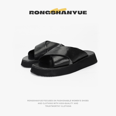 Rongshanyue交叉带露趾拖鞋女夏外穿简约百搭厚底懒人凉拖鞋B1305