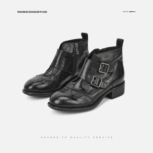 Rongshanyue水洗牛皮西部靴2025冬季 一字扣切尔西靴短靴女B1519