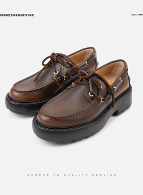 Rongshanyue法式圆头系带厚底乐福鞋女士牛皮莫卡辛鞋德比鞋B1562