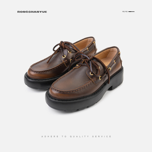Rongshanyue法式圆头系带厚底乐福鞋女士牛皮莫卡辛鞋德比鞋B1562