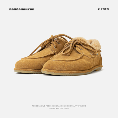 高丝光牛反绒乐福鞋女秋冬棉鞋平底雪地鞋子B1472
