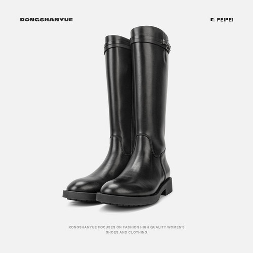 搭扣饰骑士高筒靴2025秋冬新款显瘦大筒围长靴女B1450