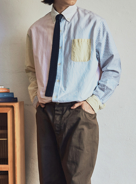 KUFFYLINK 牛津纺纽扣领拼色条纹衬衫OCBD长袖常春藤青年百搭ivy