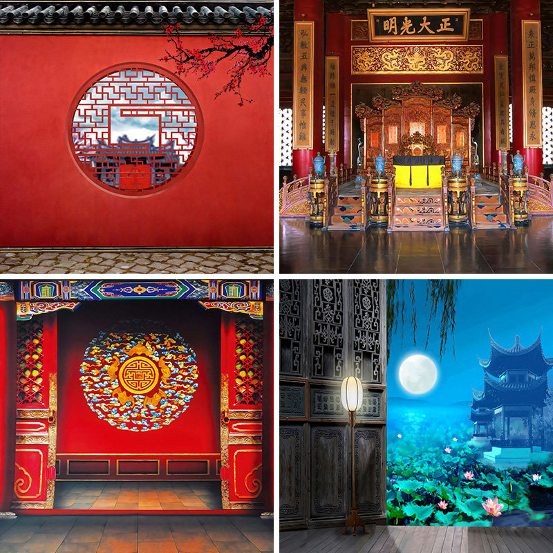 古城故宫古风古装中国风正大光明直播背景布3d立体壁纸皇宫画月亮荷