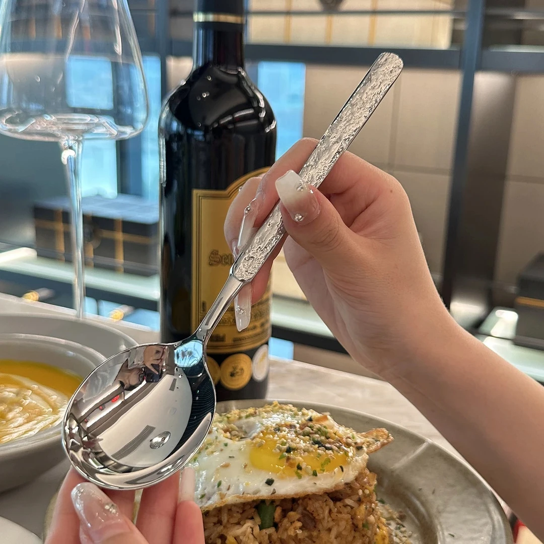 【老板娘自留款漂亮】不锈钢冰裂纹餐勺吃饭勺子搅拌勺子精致长柄