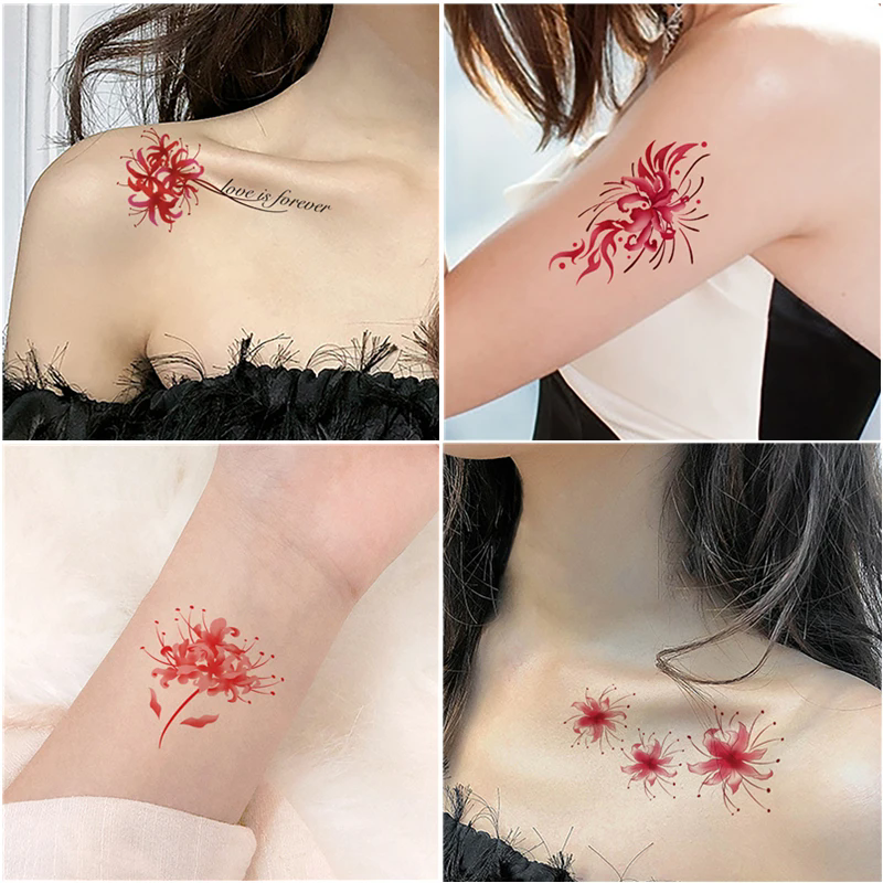 彼岸花纹身贴防水女持久仿真锁骨手臂脚踝ins风 半永久小图案贴纸