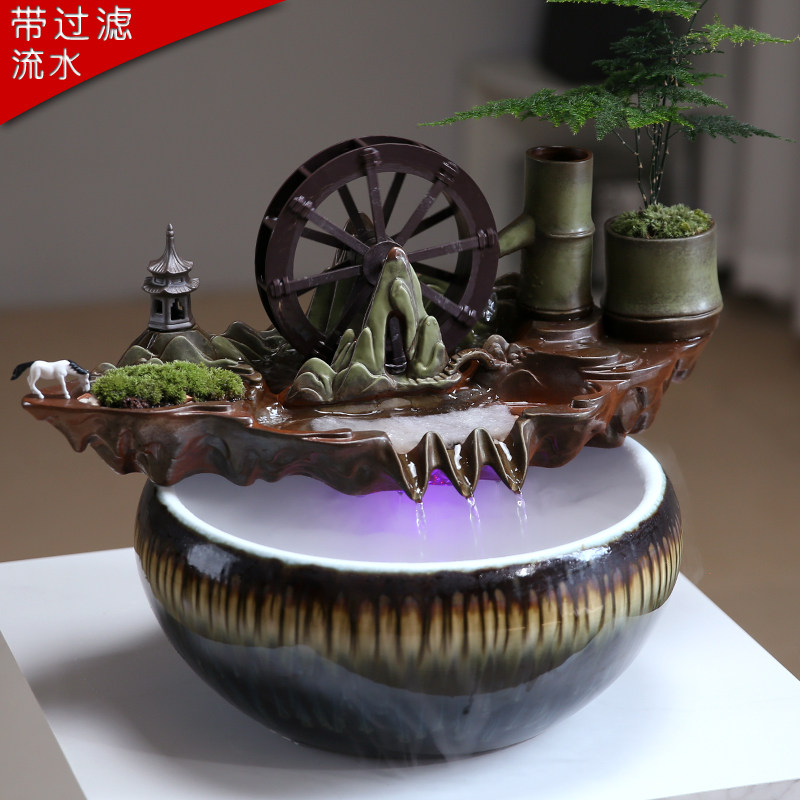 流水摆件循环水陶罐古法养鱼造景客厅办公室装饰品玄关招财风水轮