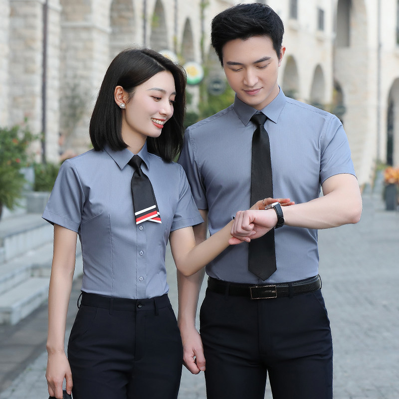 短袖衬衫工作服男装夏季薄款定制logo餐饮物业公司办公室工装套装