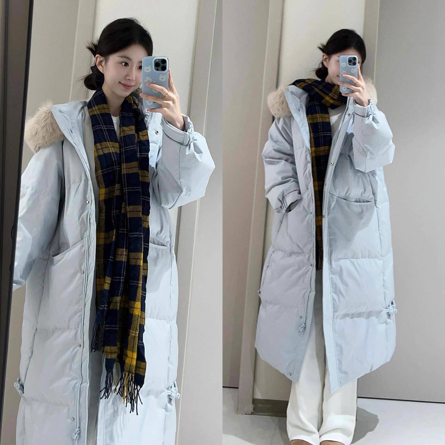 奶蓝色棉服女2025新款韩系宽松中长款过膝大毛领棉衣外套冬装棉袄